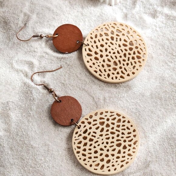 Bohemian Hollow Cut-Out Wood Leather Dangle Drop Earrings, Boho Chic Hippie Stat - Picture 2 of 7